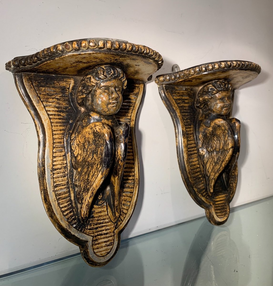 Pair Of Louis XIV Style Wall Consoles With Cherubs, 19th Century-photo-4