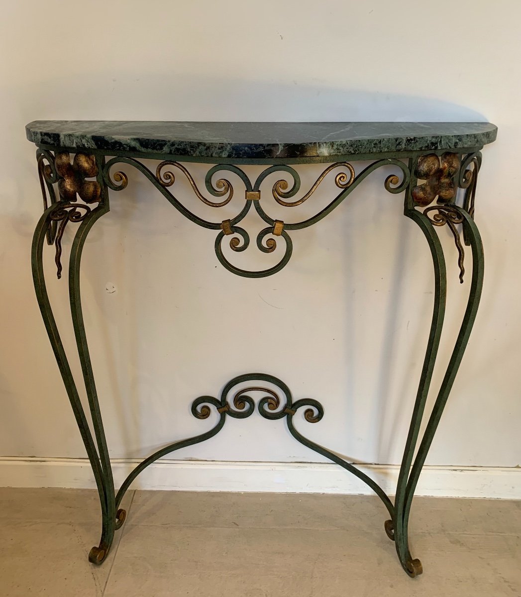 Petite Console De Style Louis XV, Fer Forgé Et Marbre, Années 1940/50