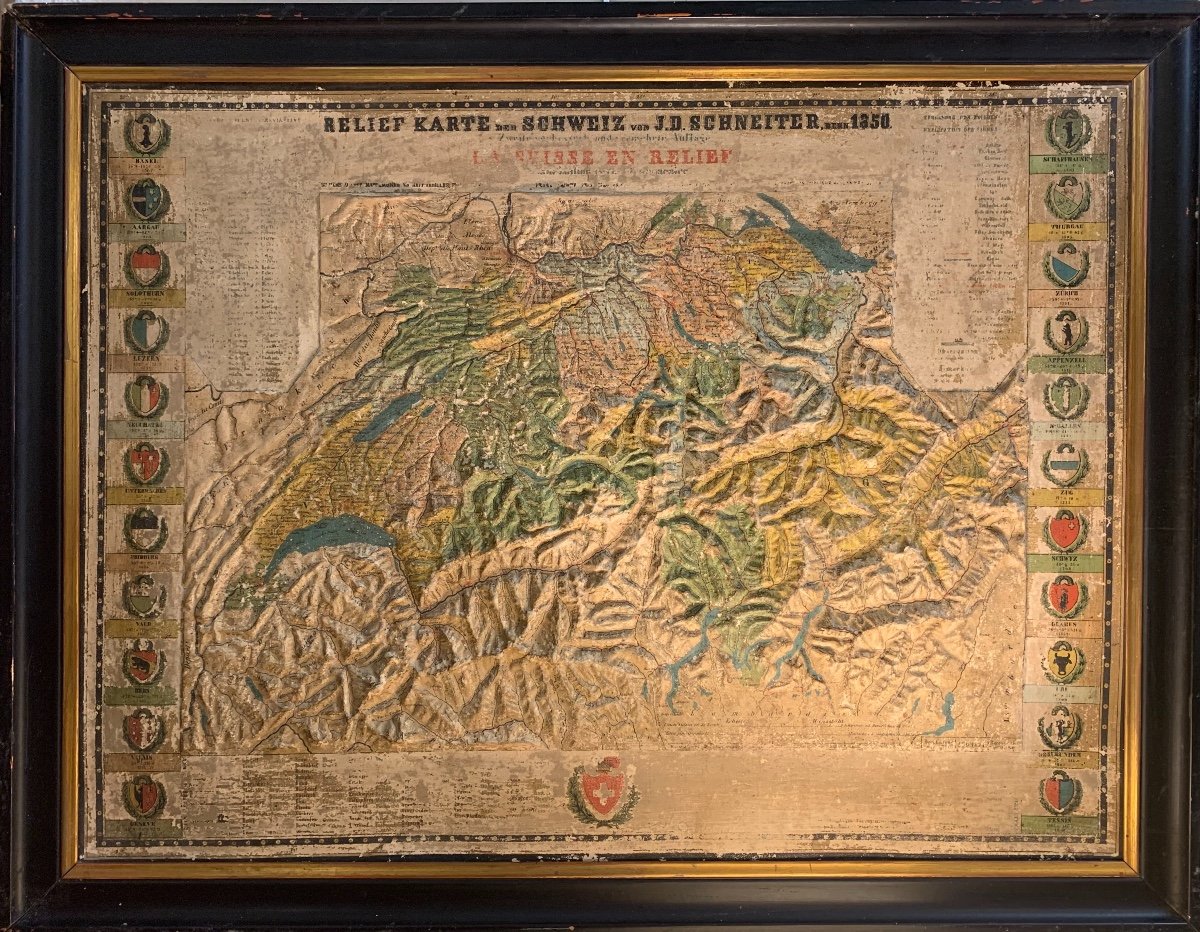 Carte En Relief De La Suisse Par J.D.Shneiter, Année 1850