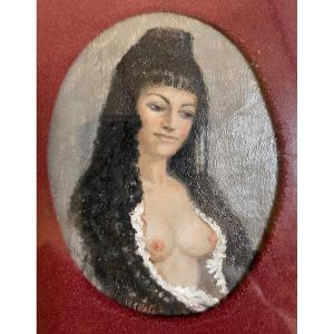 Miniature Erotique Signée De Karel Skala, Femme A La Mantille, Epoque XXème
