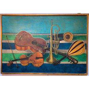 Large Still Life With Musical Instruments By Simone Rosaz, Year 1963