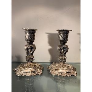 Pair Of Rocaille Candlesticks In Silvered Bronze, Late 19th Century