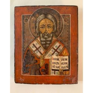 Russian Icon Of Saint Nicholas Painted On Wooden Panel, 18th Century Period