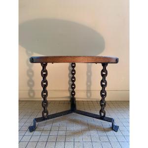 Brutalist Coffee Table, Wrought Iron And Oak, 1970s