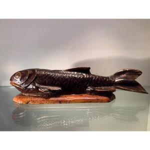 Polychrome Carved Wooden Fish, Object Of Curiosity, 19th Or Early Period.