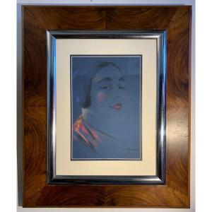 Portrait De Jeune Femme Au Pastel Par Louis Bonat, Années 1930