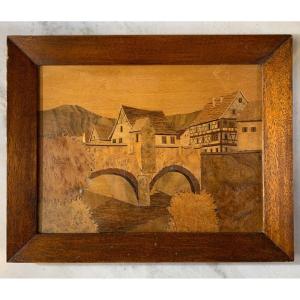 Marquetry Landscape View Of The Fortified Bridge Of Kaysesberg By Joseph Aufderbruck, Early 20th Century