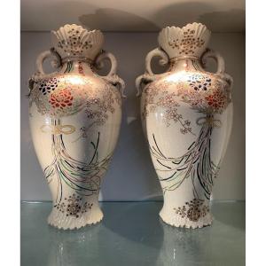 Pair Of Satsuma Earthenware Vases, Japan, Early 20th Century