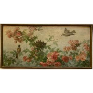 Oil On Canvas With Roses And Birds By Louis-marie Lemaire, Late 19th Century