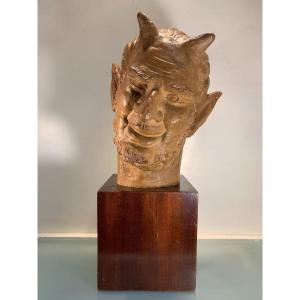 Faun's Head, Studio Plaster Signed Madeleine Bonnet, Year 1929