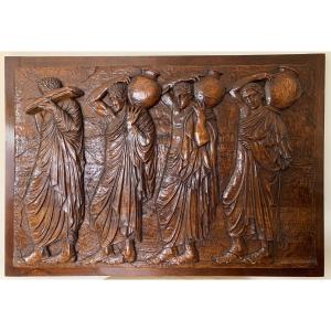 Large Antique Walnut Panel Carved By H.rozier, 1930s