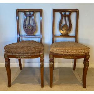 Pair Of Empire Style Lyre Back Chairs, Early 20th Century