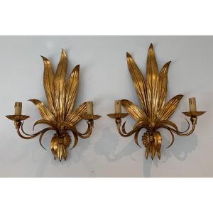 Pair Of Gilded Metal Leaf Wall Lights, Italy, 1970s/80s