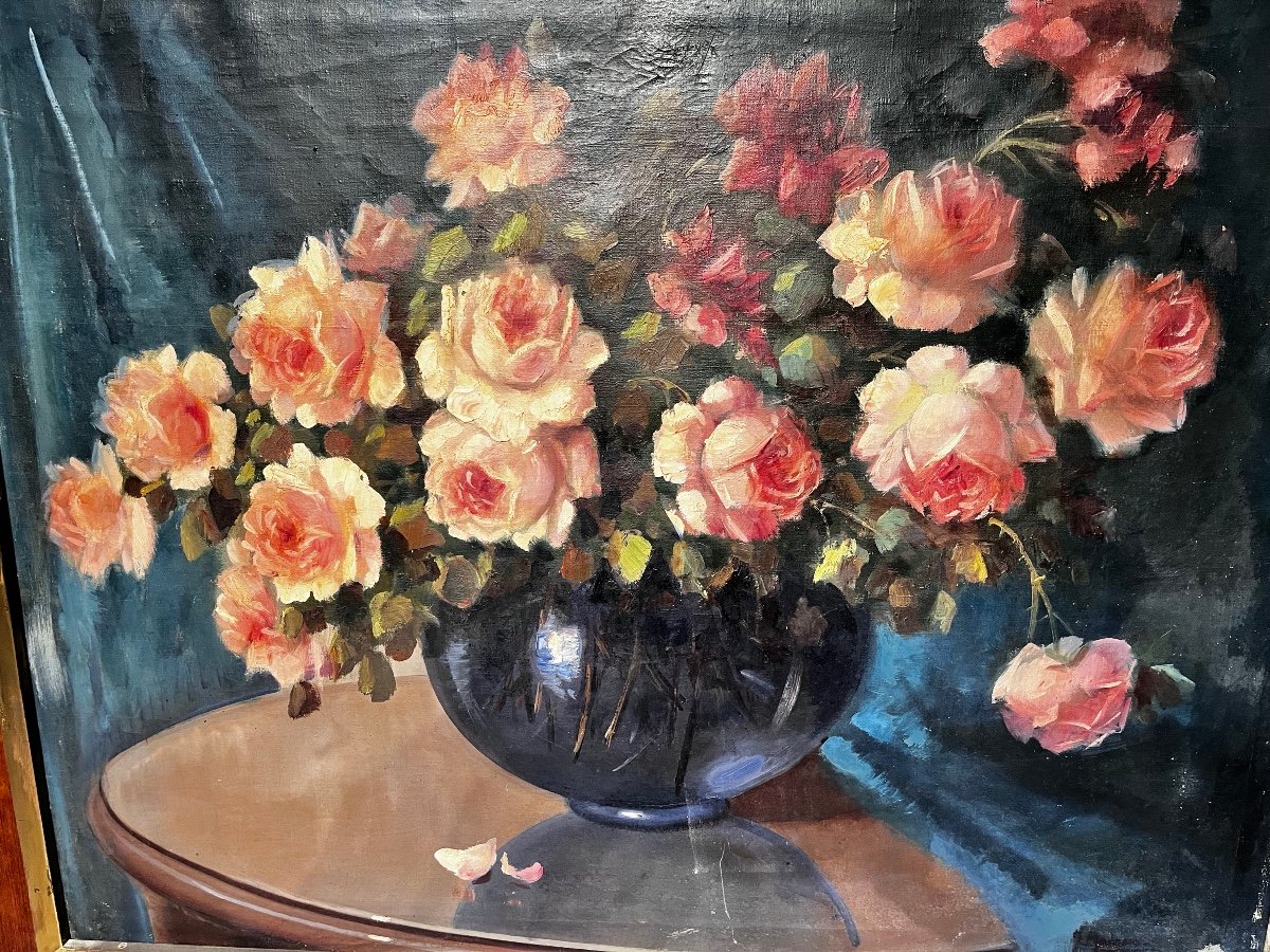 Grand Tableau Hst Bouquet De Roses Circa 1940-photo-2