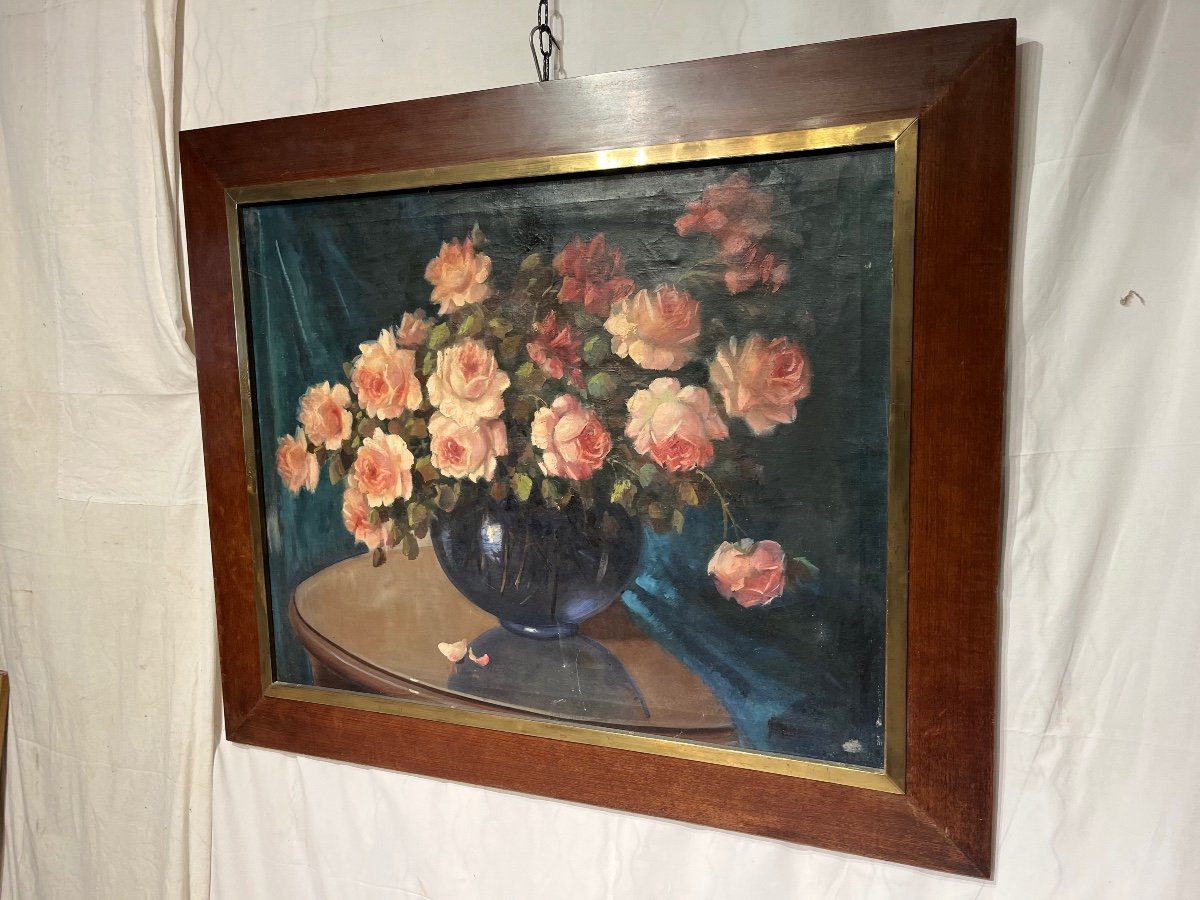 Grand Tableau Hst Bouquet De Roses Circa 1940-photo-1