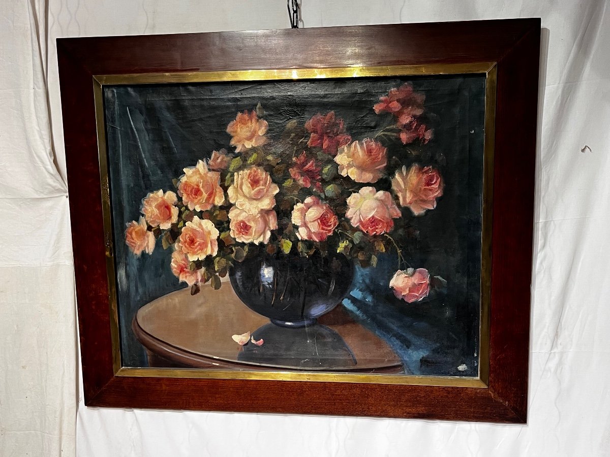 Grand Tableau Hst Bouquet De Roses Circa 1940