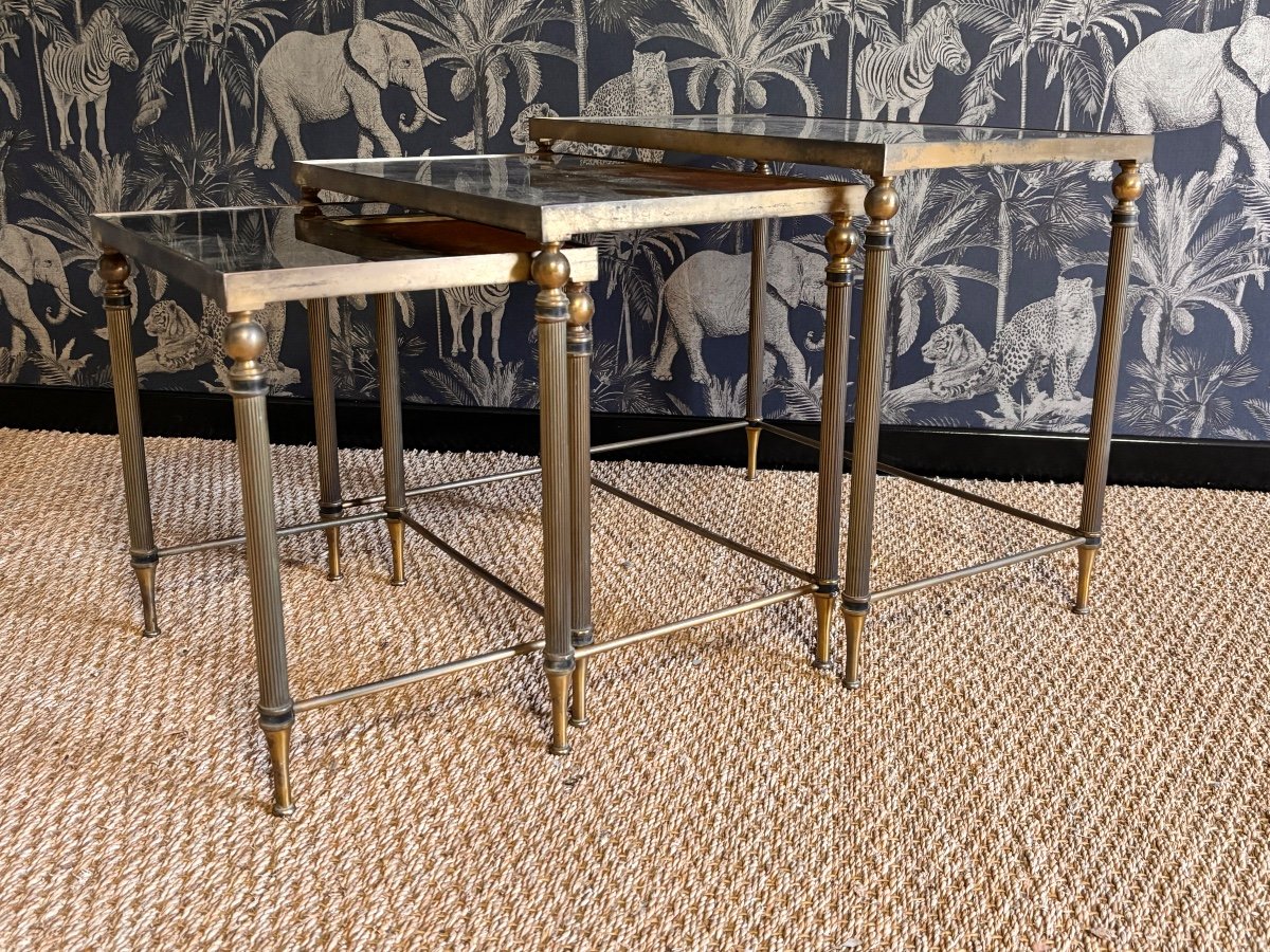 Bronze Eglomisé Glass Nesting Tables 1950