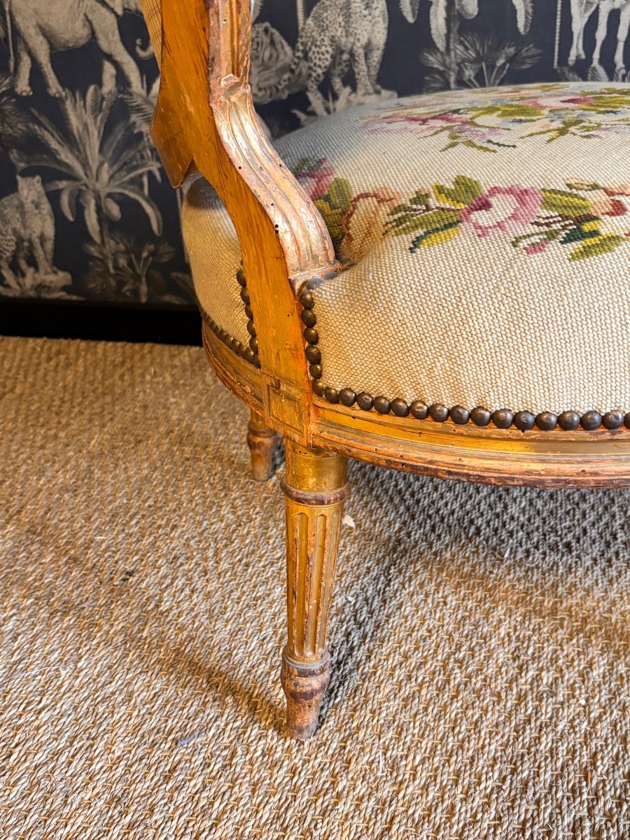 Louis XVI Style Fireside Chair, Gilded Wood, 19th Century -photo-3