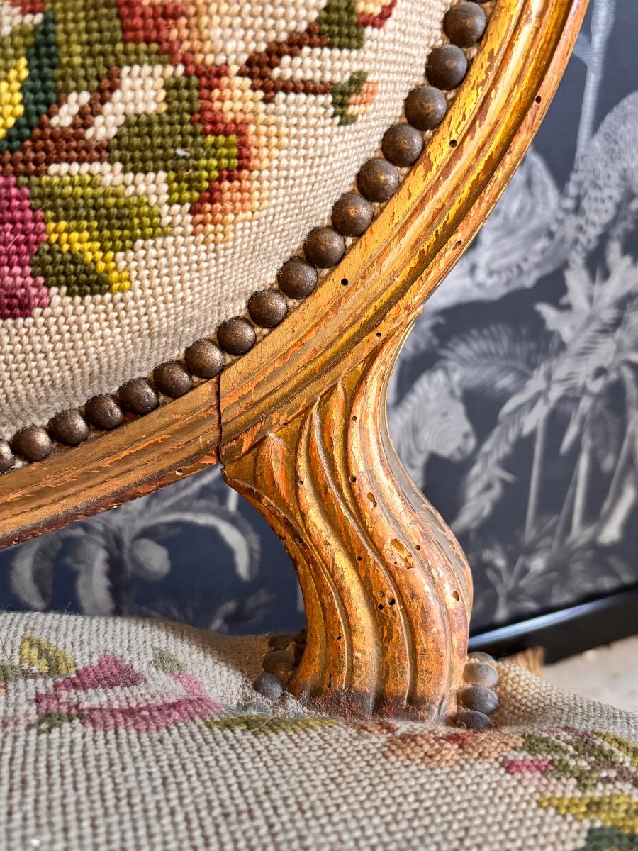 Louis XVI Style Fireside Chair, Gilded Wood, 19th Century -photo-1