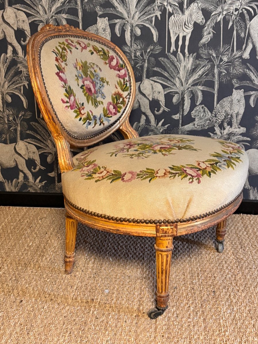 Louis XVI Style Fireside Chair, Gilded Wood, 19th Century -photo-4