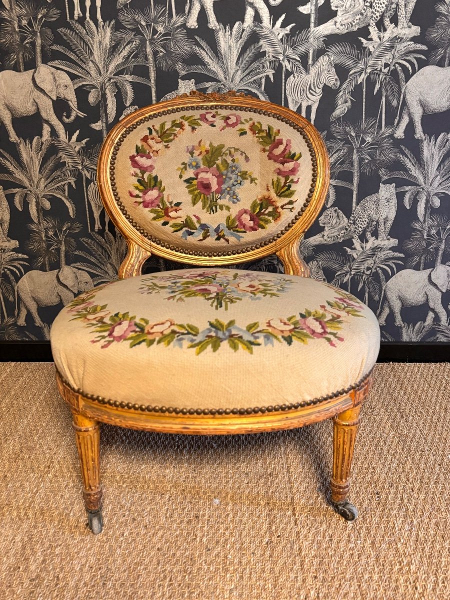 Louis XVI Style Fireside Chair, Gilded Wood, 19th Century 