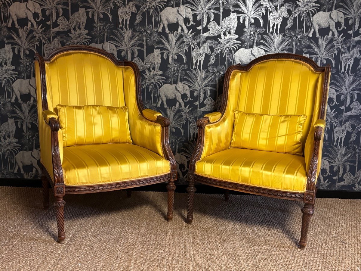 Pair Of Louis XVI Bergeres With Ears, Late 19th Century-photo-2