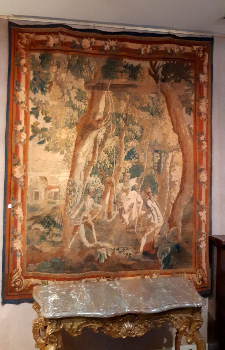 Tapisserie d'Aubusson " l'escarpolette" deuxième moitié du XVIIIème siècle-photo-4