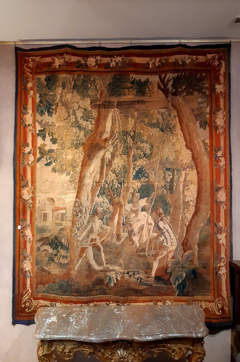 Tapisserie d'Aubusson " l'escarpolette" deuxième moitié du XVIIIème siècle