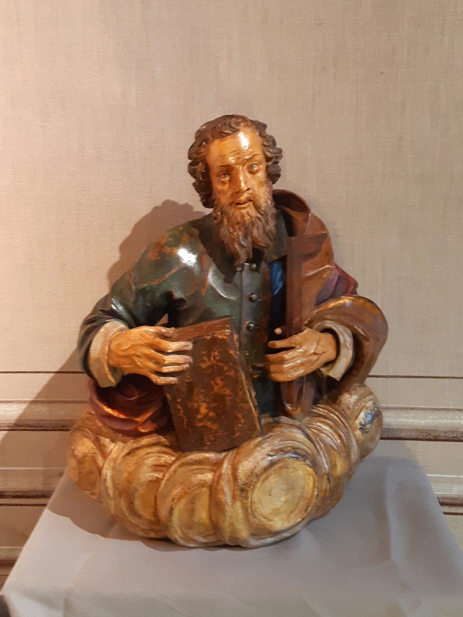 Polychrome Wooden Sculpture Of Saint Thomas On A Cloud From The 17th Century