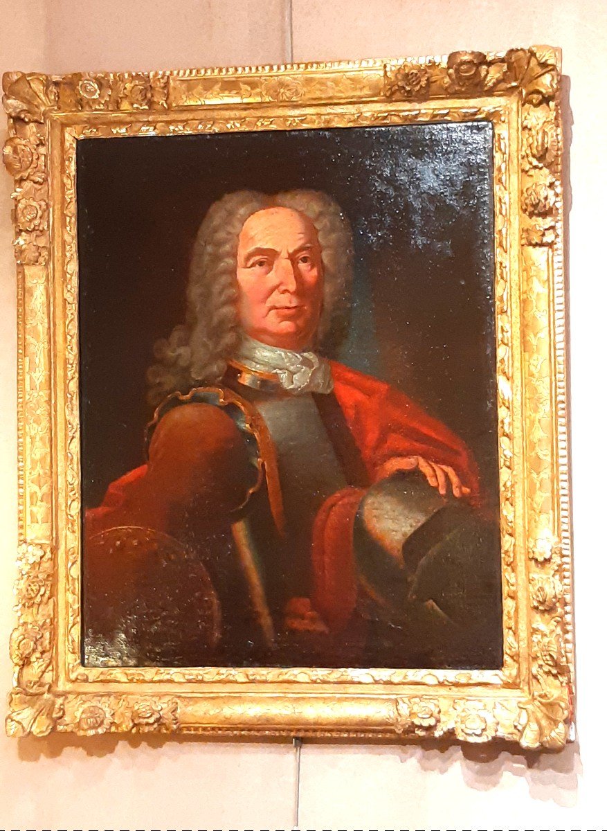 Portrait Of A Gentleman In Regency Period Armor, Period Gilded Wooden Frame.