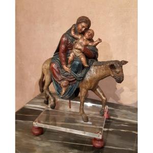 Polychrome Wooden Sculpture "the Flight Into Egypt" Northern Italy, 18th Century