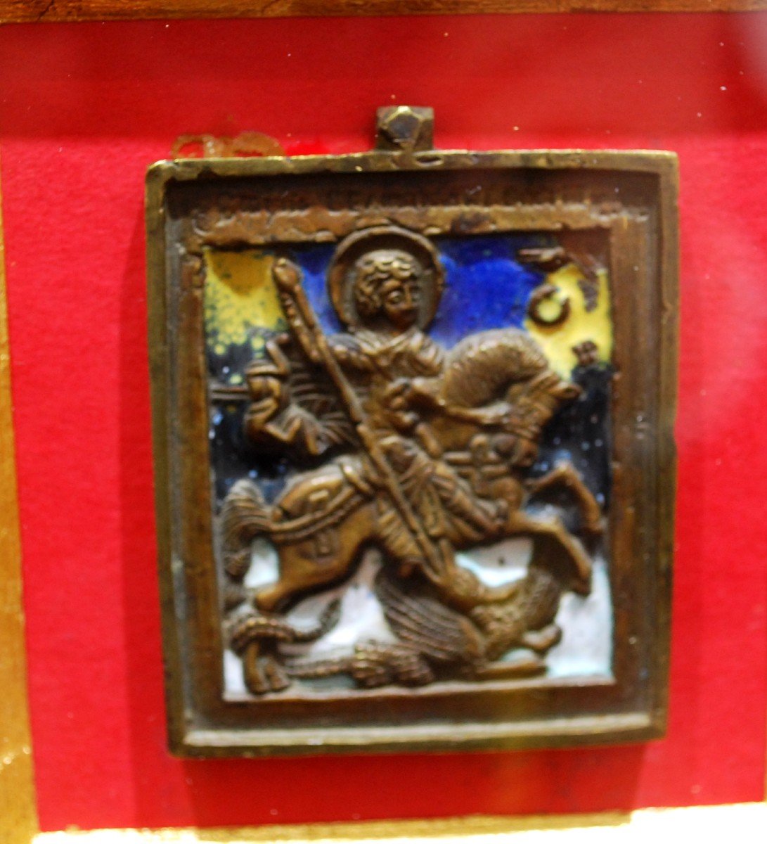 Paire d'Icones De Voyage En Bronze émaillées Orthodoxes-photo-3