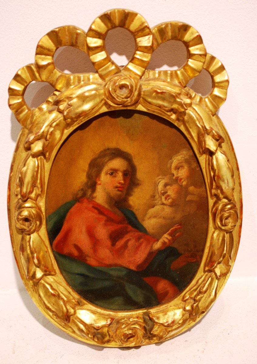 Le Christ Entouré d'Angelots Huile Sur Cuivre Par Francesco De Mura 1696- 1782 -photo-3