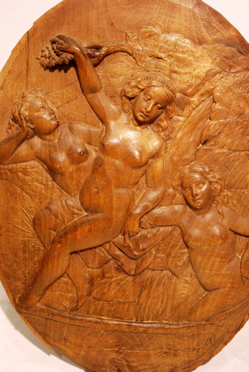 Pair Of Medallion Sculpture In Oak "the Three Graces"-photo-3