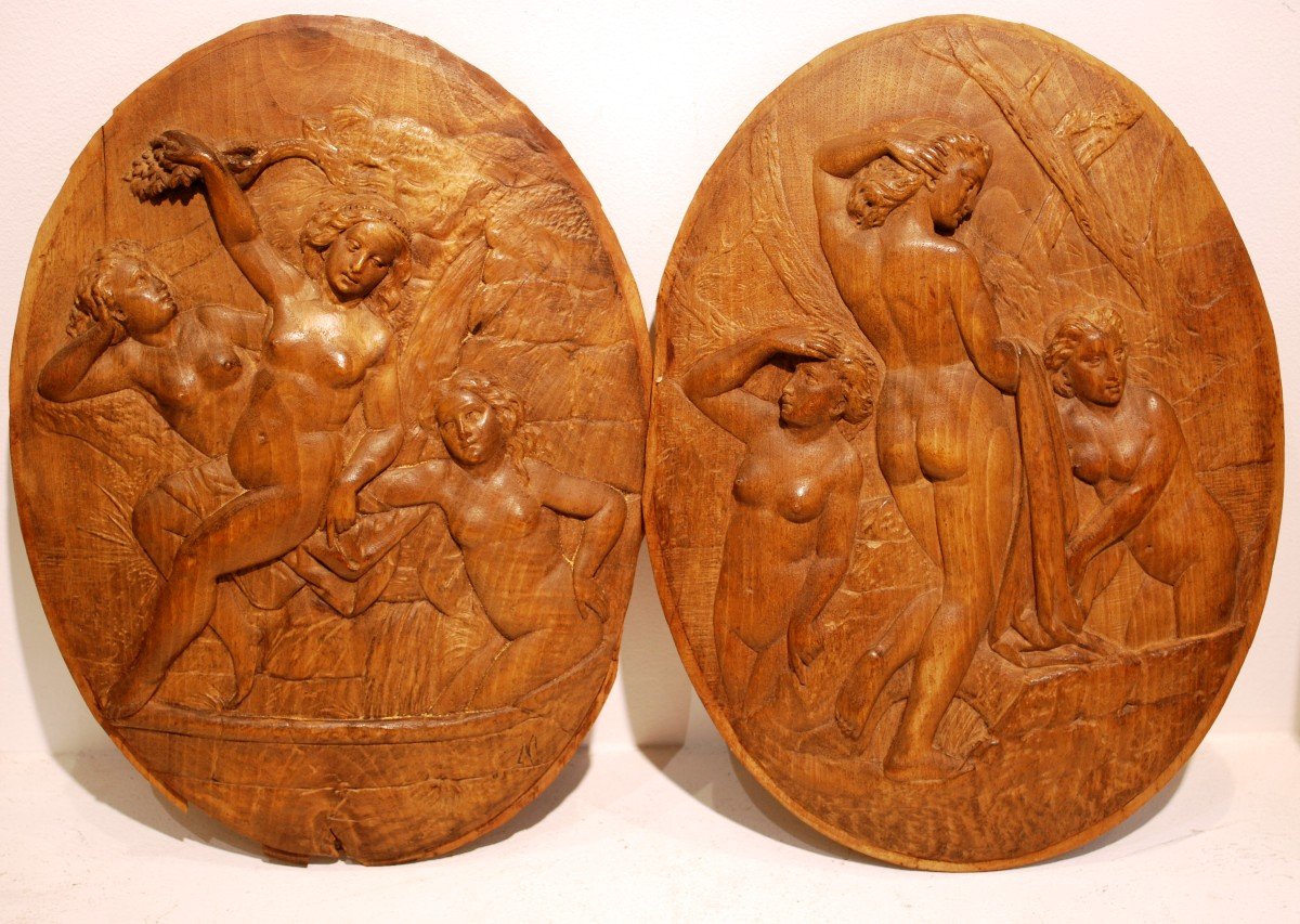 Pair Of Medallion Sculpture In Oak "the Three Graces"