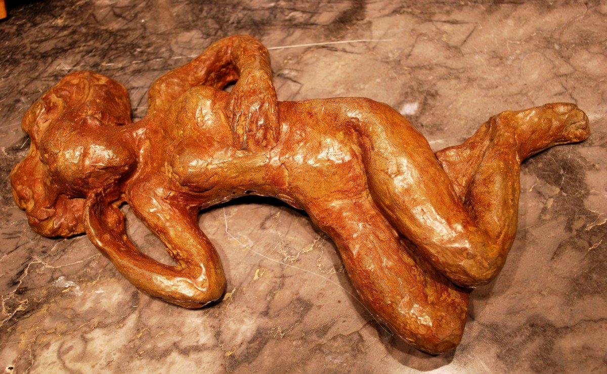 Reclining Woman Bronze Sculpture With Light Brown Patina By Madeleine Tézenas Du Montcel-photo-2