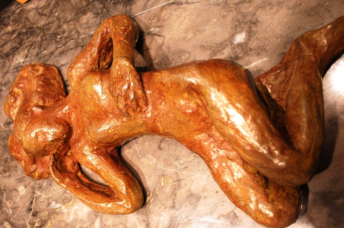 Reclining Woman Bronze Sculpture With Light Brown Patina By Madeleine Tézenas Du Montcel-photo-4