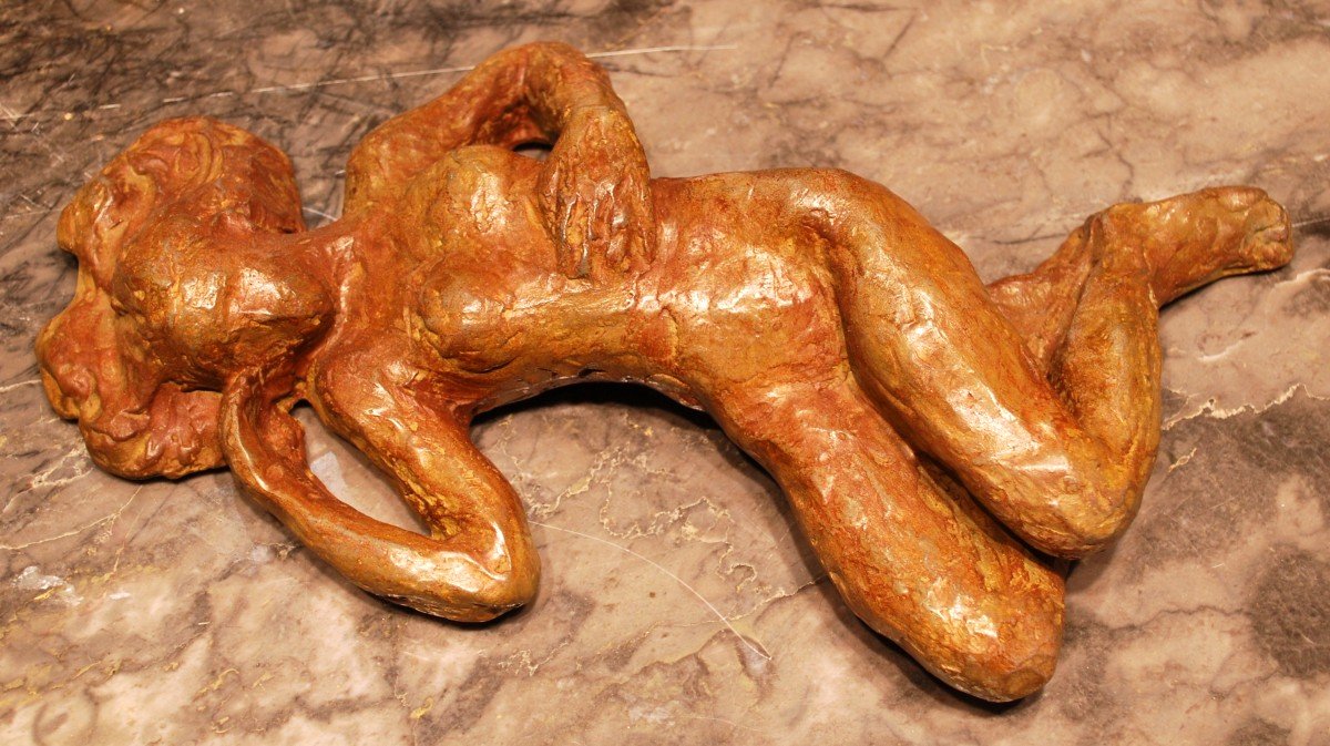 Reclining Woman Bronze Sculpture With Light Brown Patina By Madeleine Tézenas Du Montcel