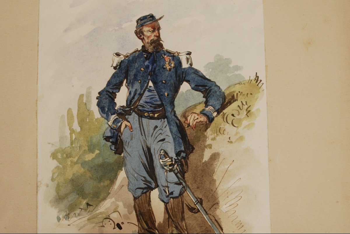 Full-length Soldier Watercolor By Alexandre Ferdinandus 1850-1888-photo-2