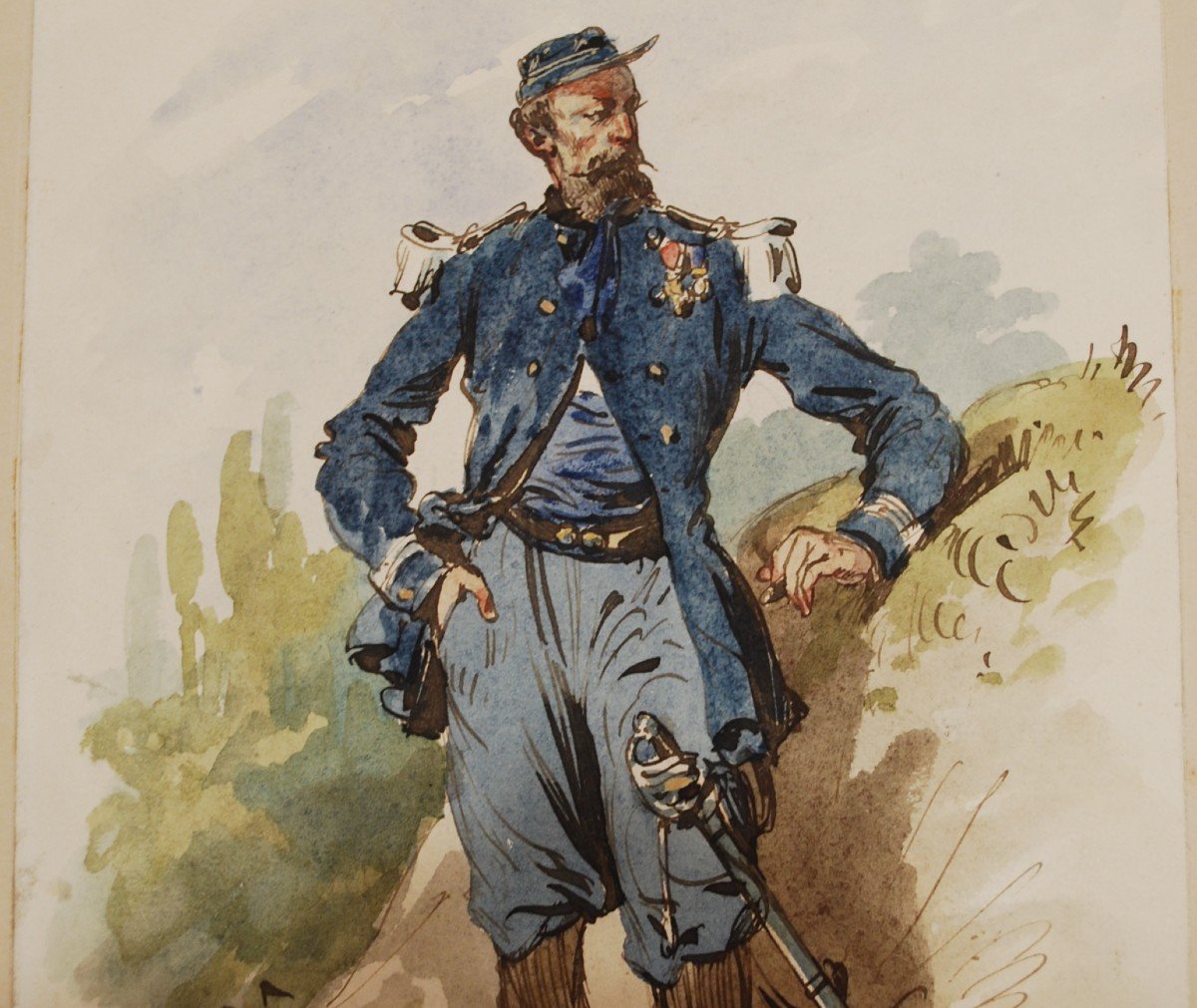 Full-length Soldier Watercolor By Alexandre Ferdinandus 1850-1888-photo-3