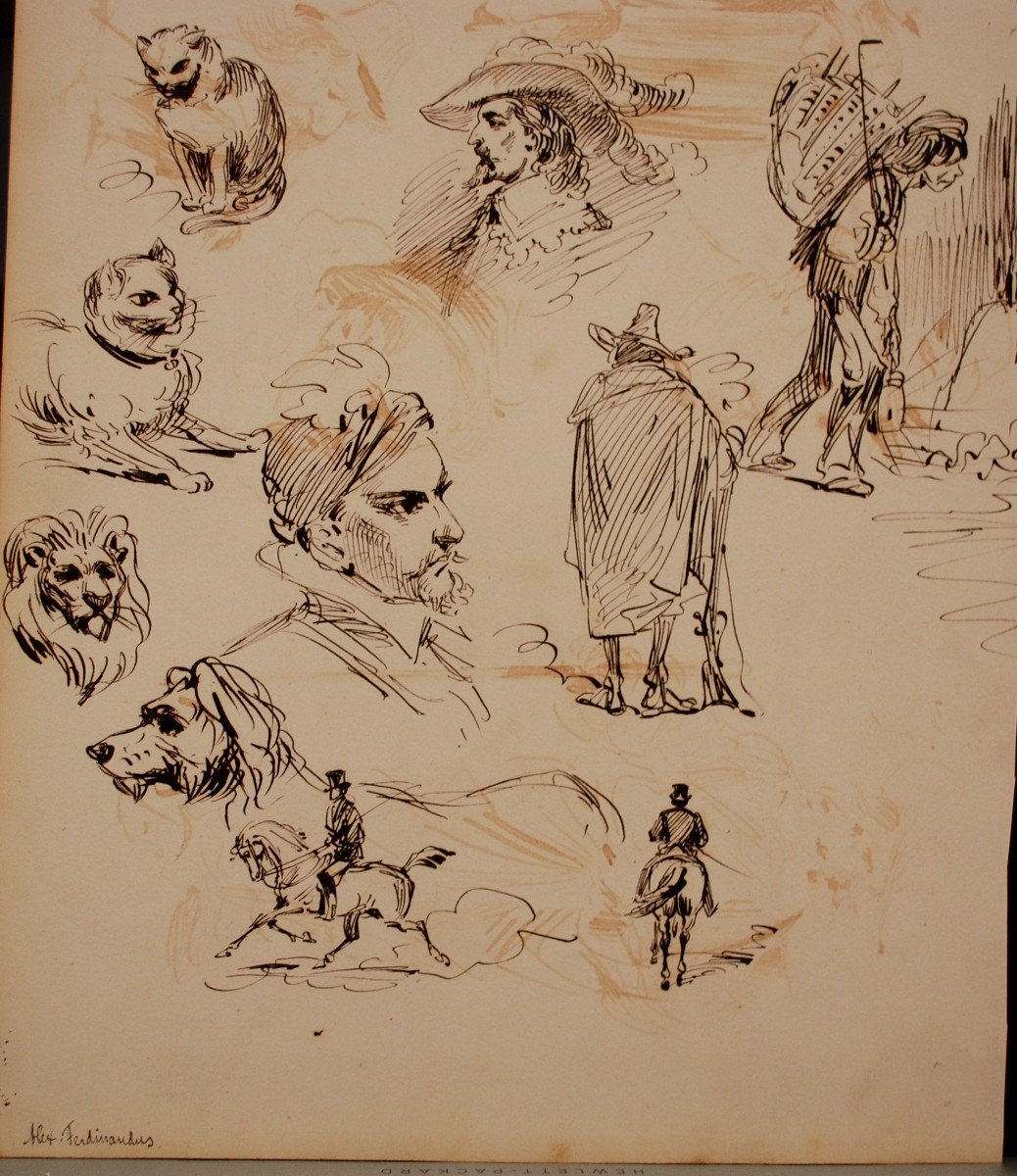 Dessin à l'Encre De Chine Différentes Esquisses Par Alexandre Ferdinandus (1850-1888) Artiste -photo-2