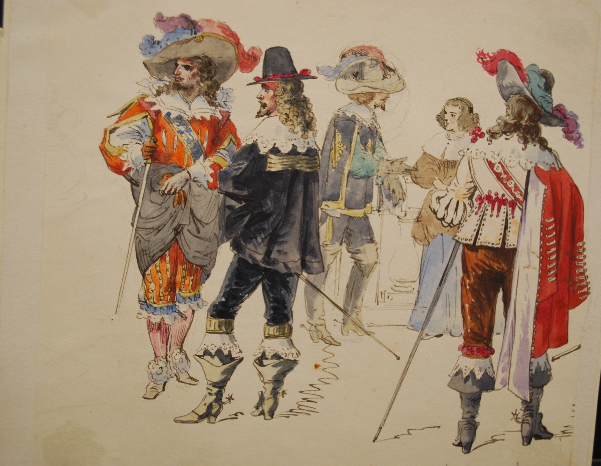 Aquarelle Mousquetaires Par Alexandre Ferdinandus 1850-1888)