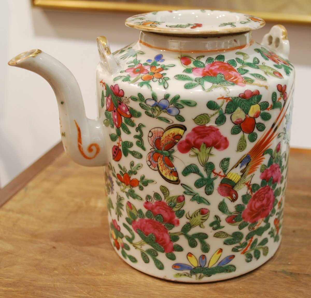 Cantonese Porcelain Teapot With Flower Butterfly And Birds Decor