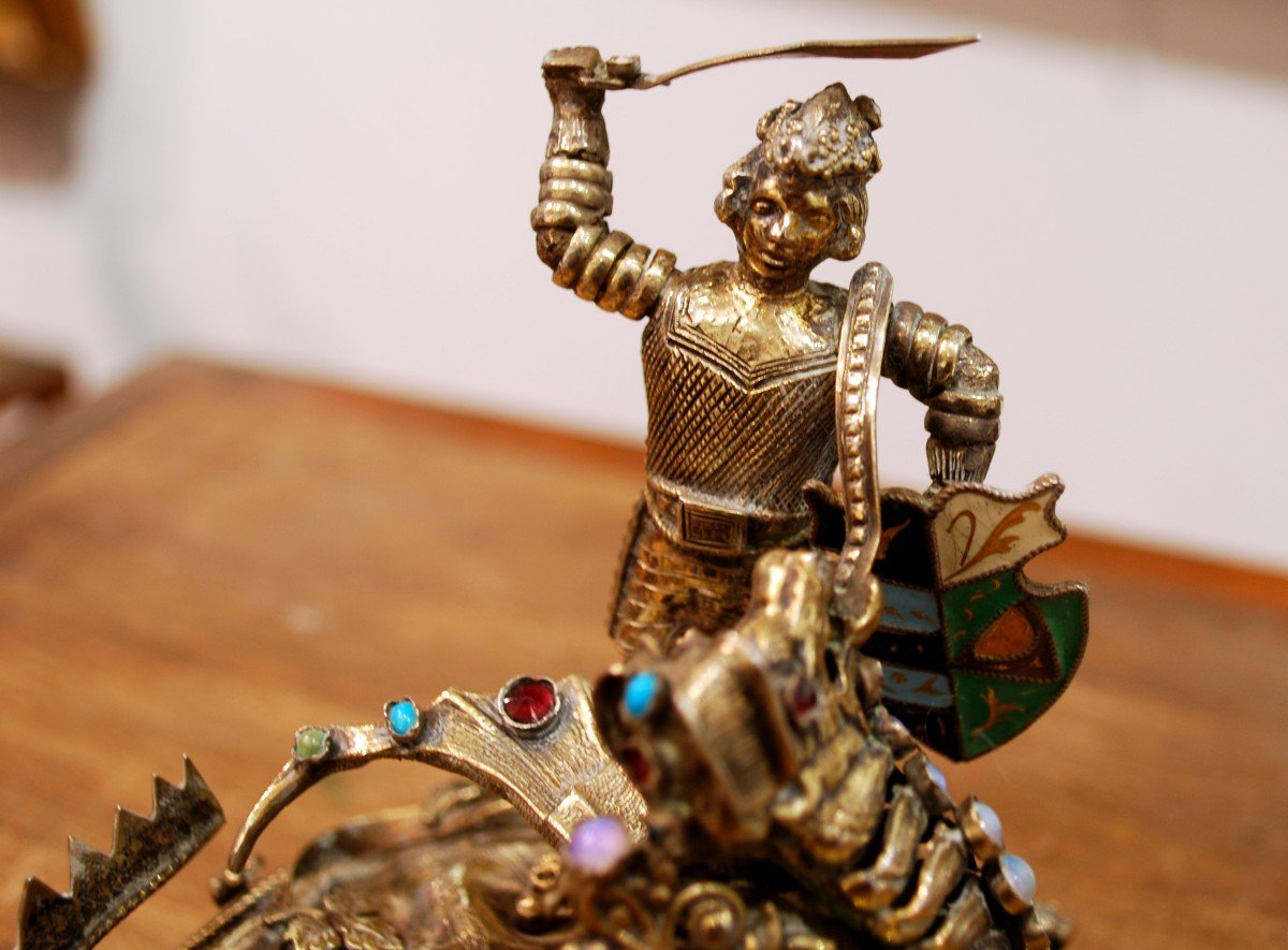 Saint George Slaying The Dragon In Silver And Semi-precious Stones-photo-3