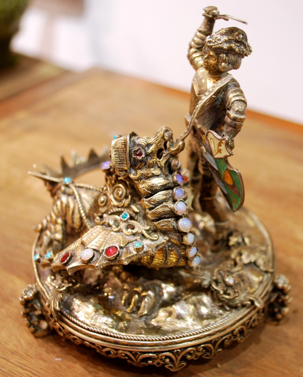 Saint George Slaying The Dragon In Silver And Semi-precious Stones-photo-4