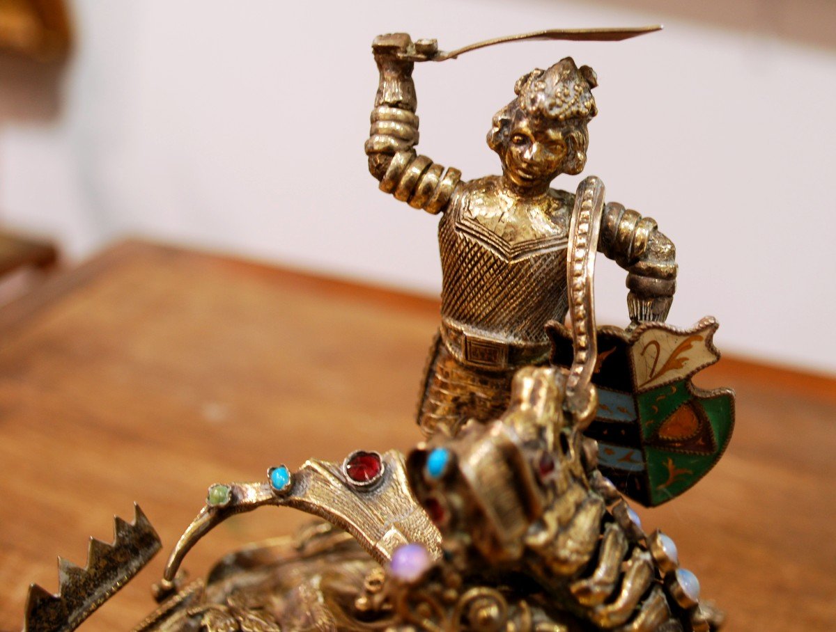 Saint George Slaying The Dragon In Silver And Semi-precious Stones-photo-2