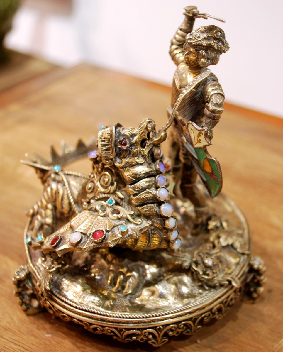 Saint George Slaying The Dragon In Silver And Semi-precious Stones-photo-3