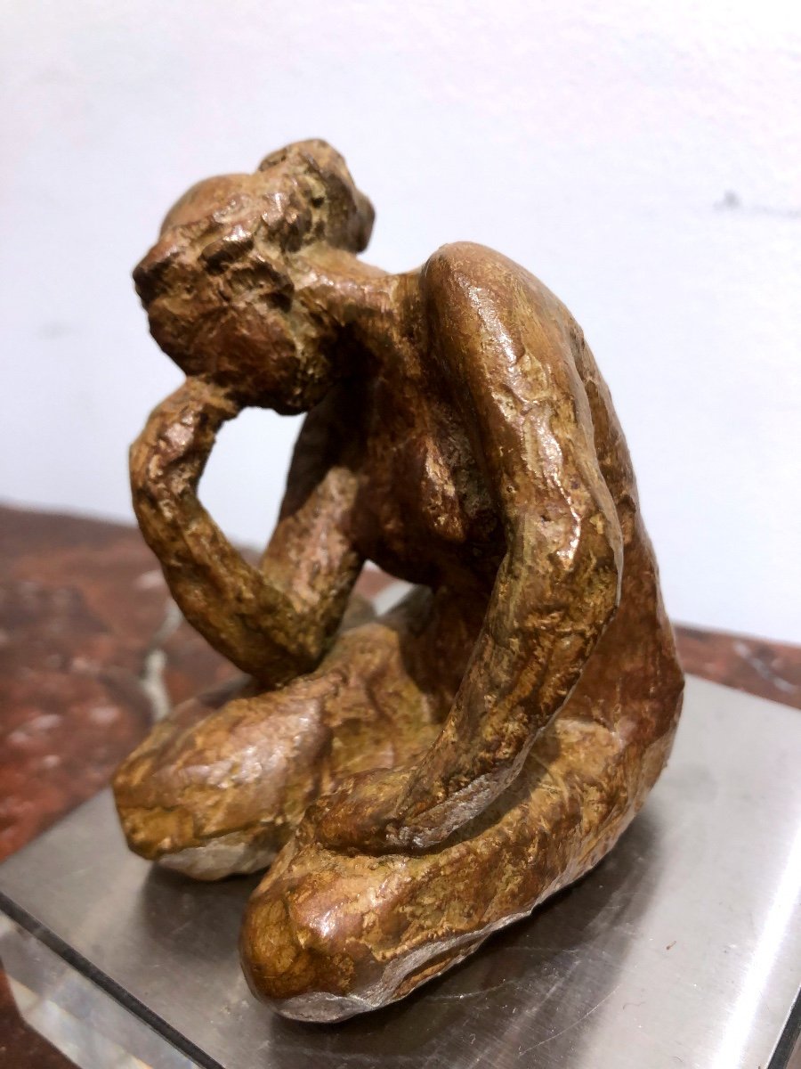 Young Woman Leaning Bronze Sculpture With Brown Patina -photo-2