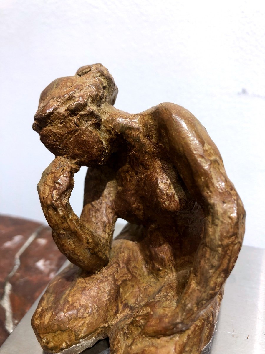 Young Woman Leaning Bronze Sculpture With Brown Patina -photo-3