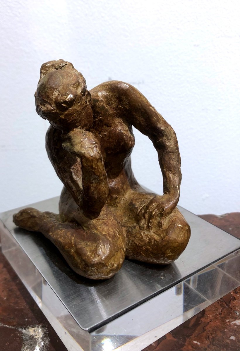 Young Woman Leaning Bronze Sculpture With Brown Patina -photo-4